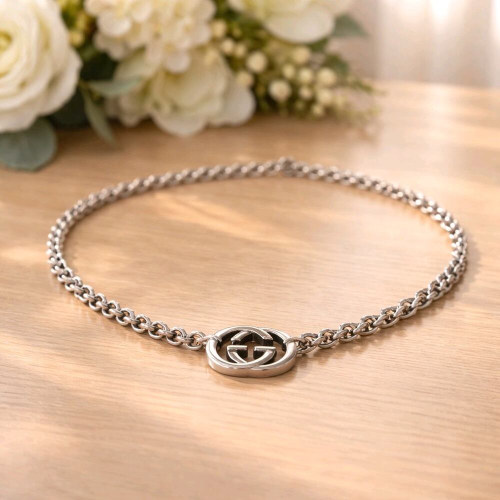 Gucci Interlocking GG Station Pendant Necklace Sterling Silver 925 16"